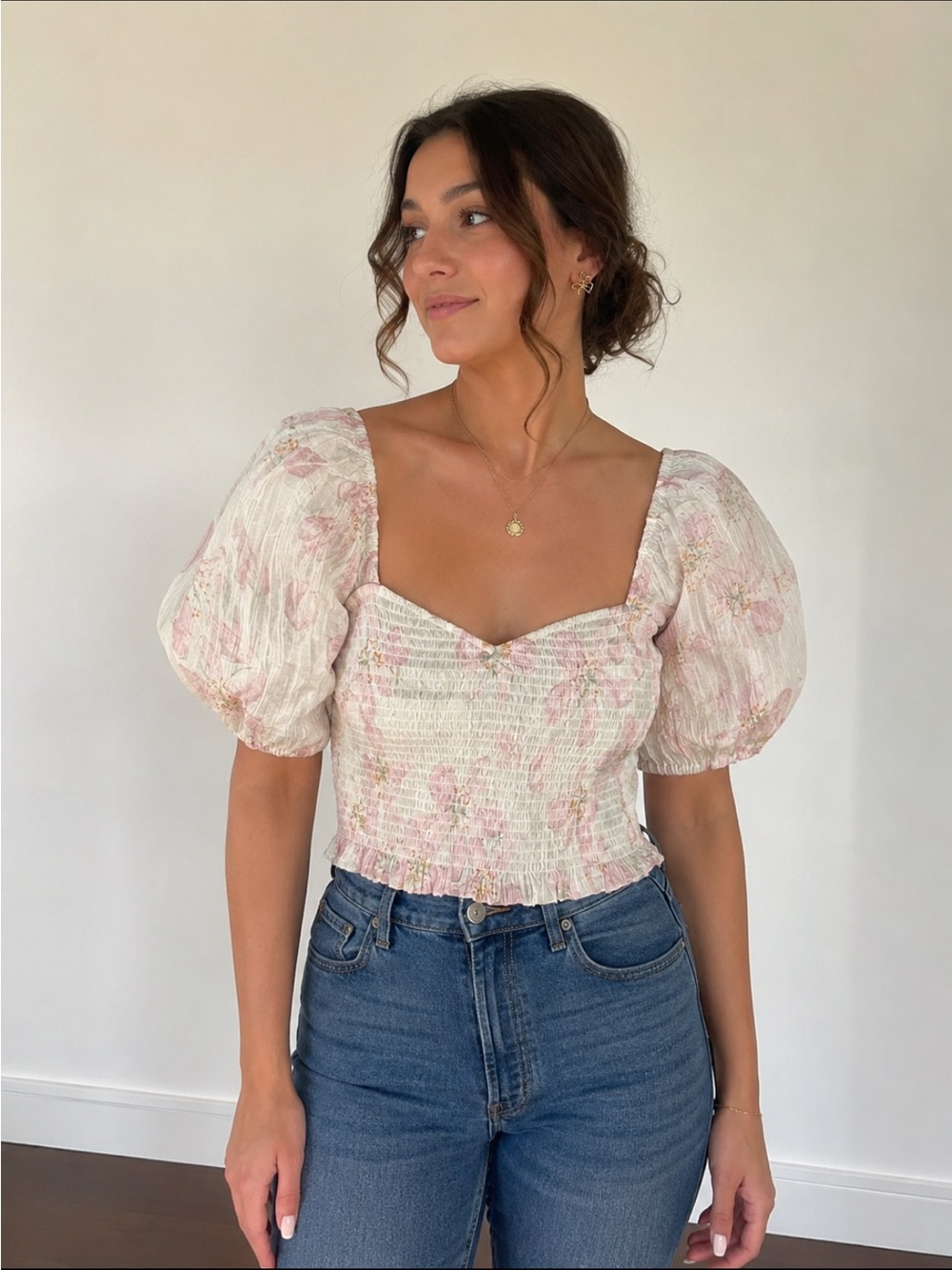 H&M Pink Floral Puff Sleeve Blouse feminine cottagecore coquette Size Large